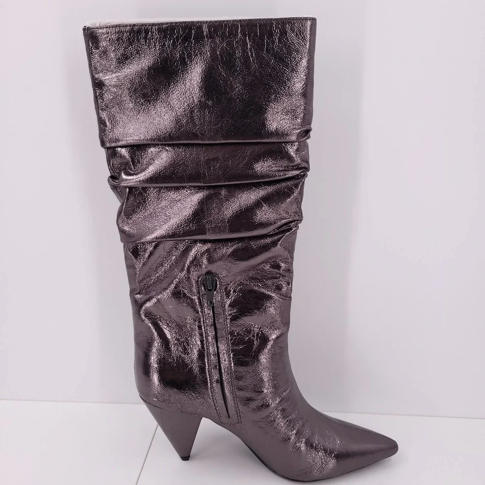 INC Diiannaa Silver Slouchy Knee-High Boots Cone Heel Pointy Toe Zipper Size 7.5